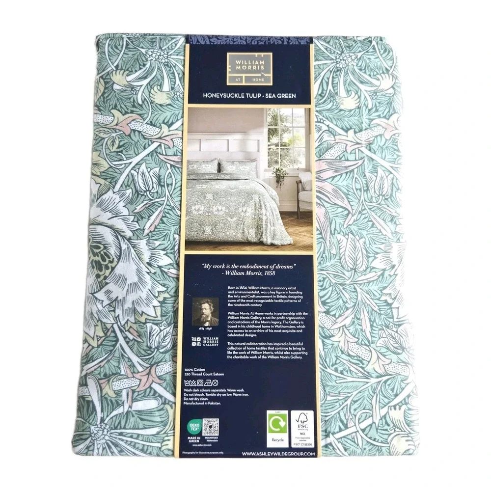 William Morris Queen Duvet Set 3pc Cotton Honeysuckle Tulip Sea Green Pattern‎